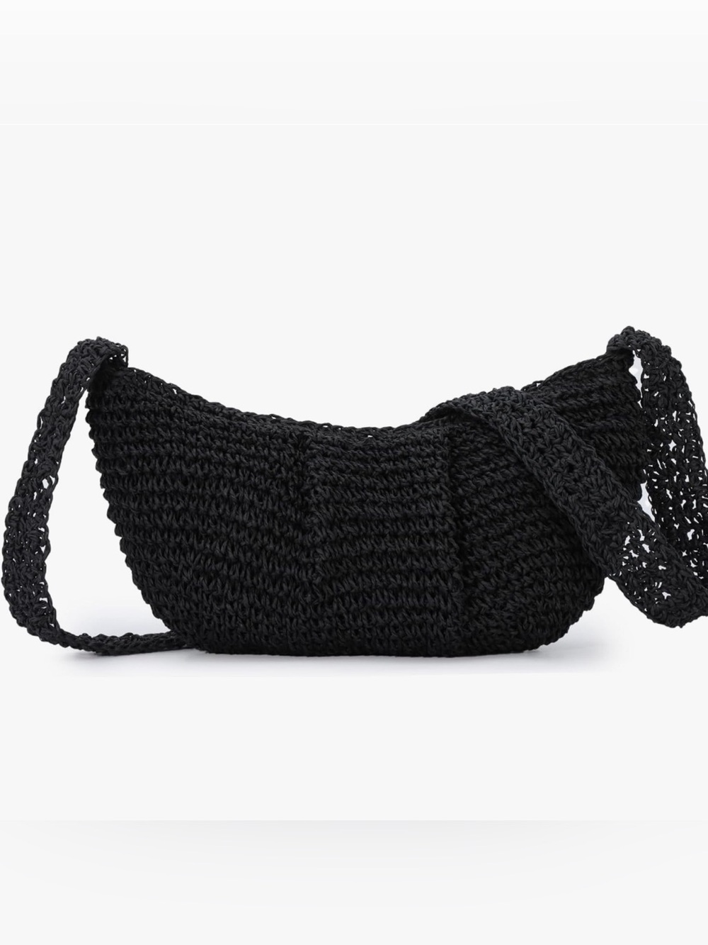 Minimalist Black Woven Straw Crossbody Bag - Pleated Dumpling Shoulder Handbag